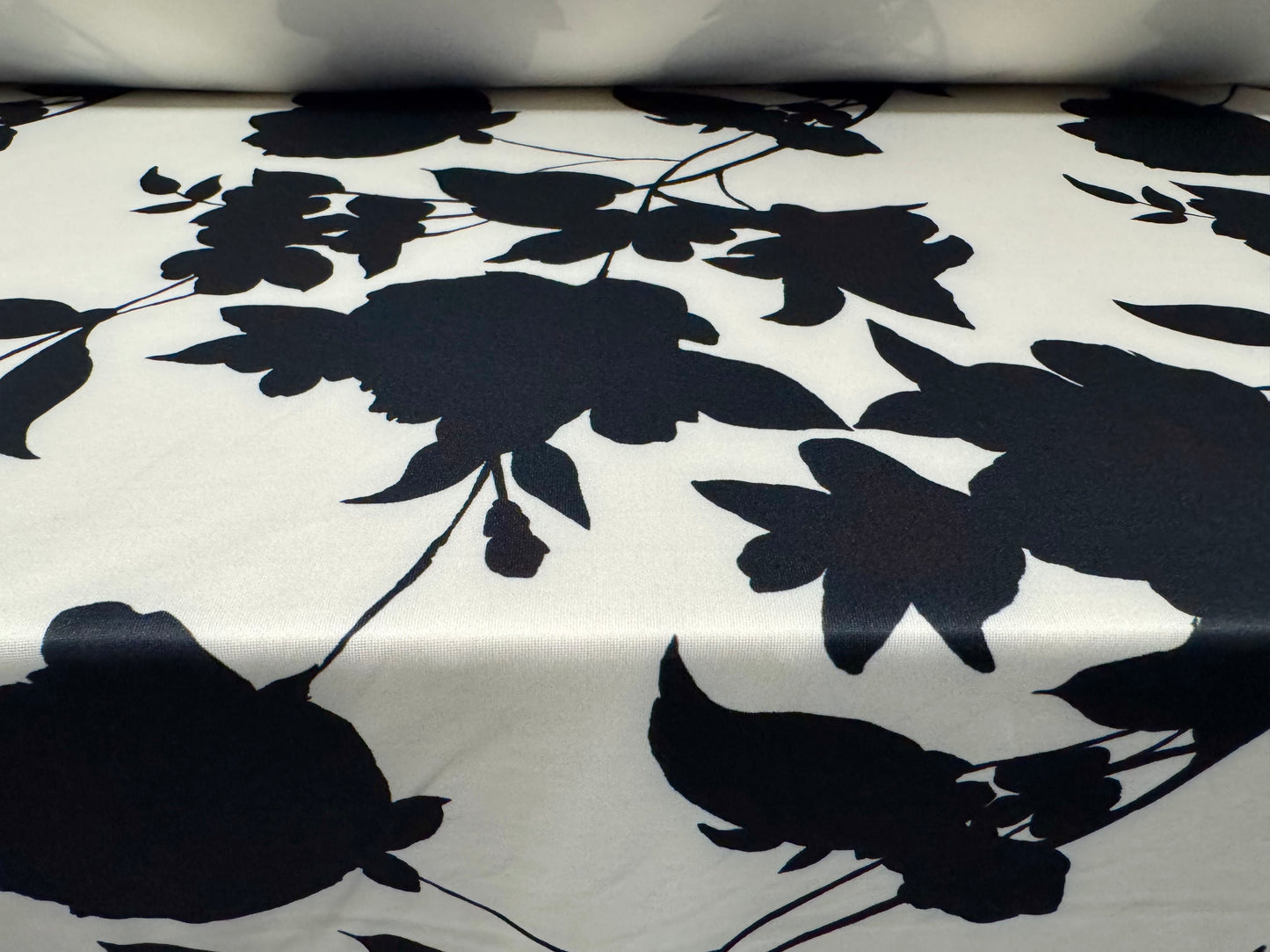 Scuba stretch spandex double jersey dress fabric, per metre - rose silhouette print - black & ivory
