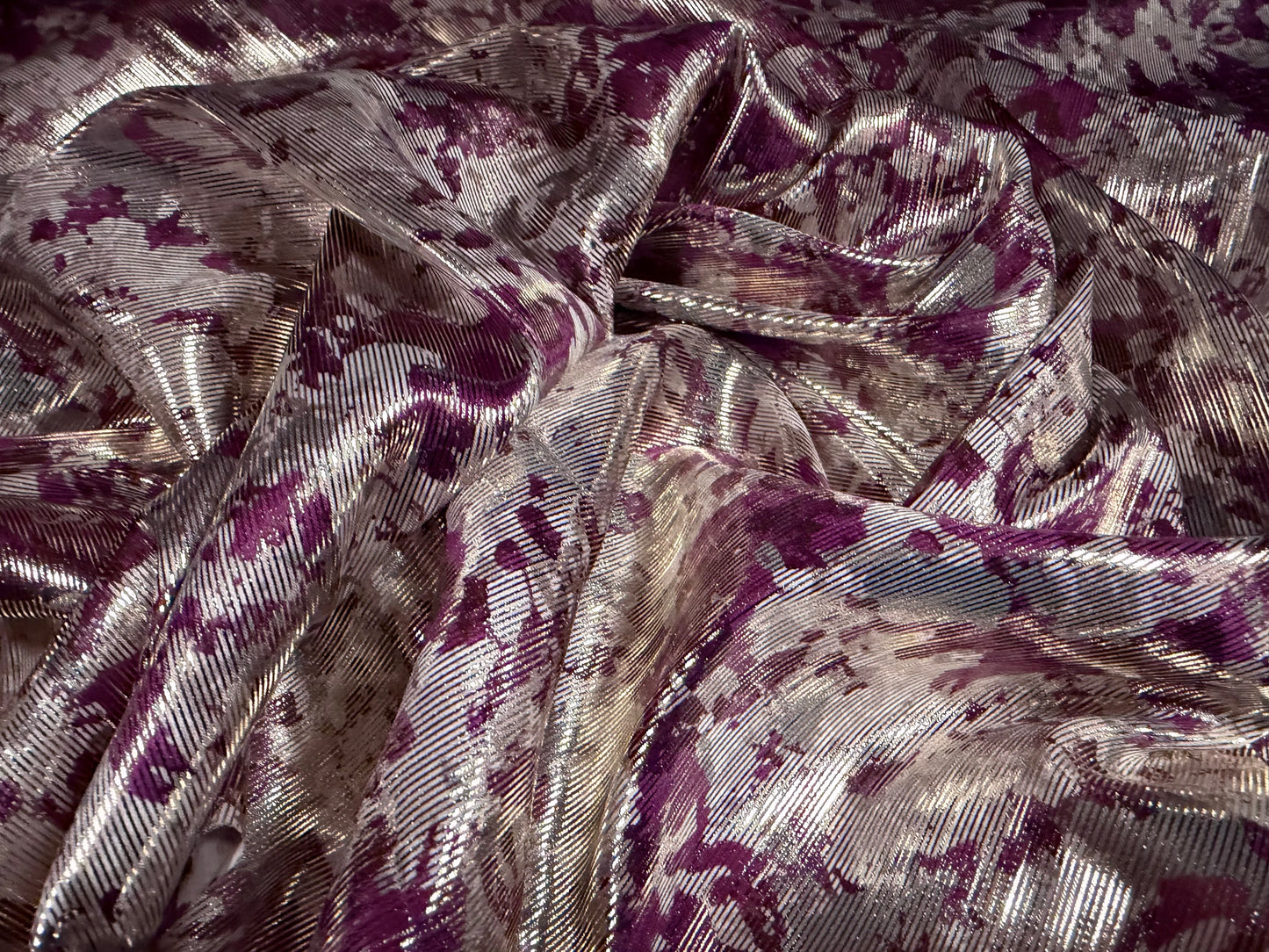 Metallic satin dress fabric, per metre - floral print - plum & silver