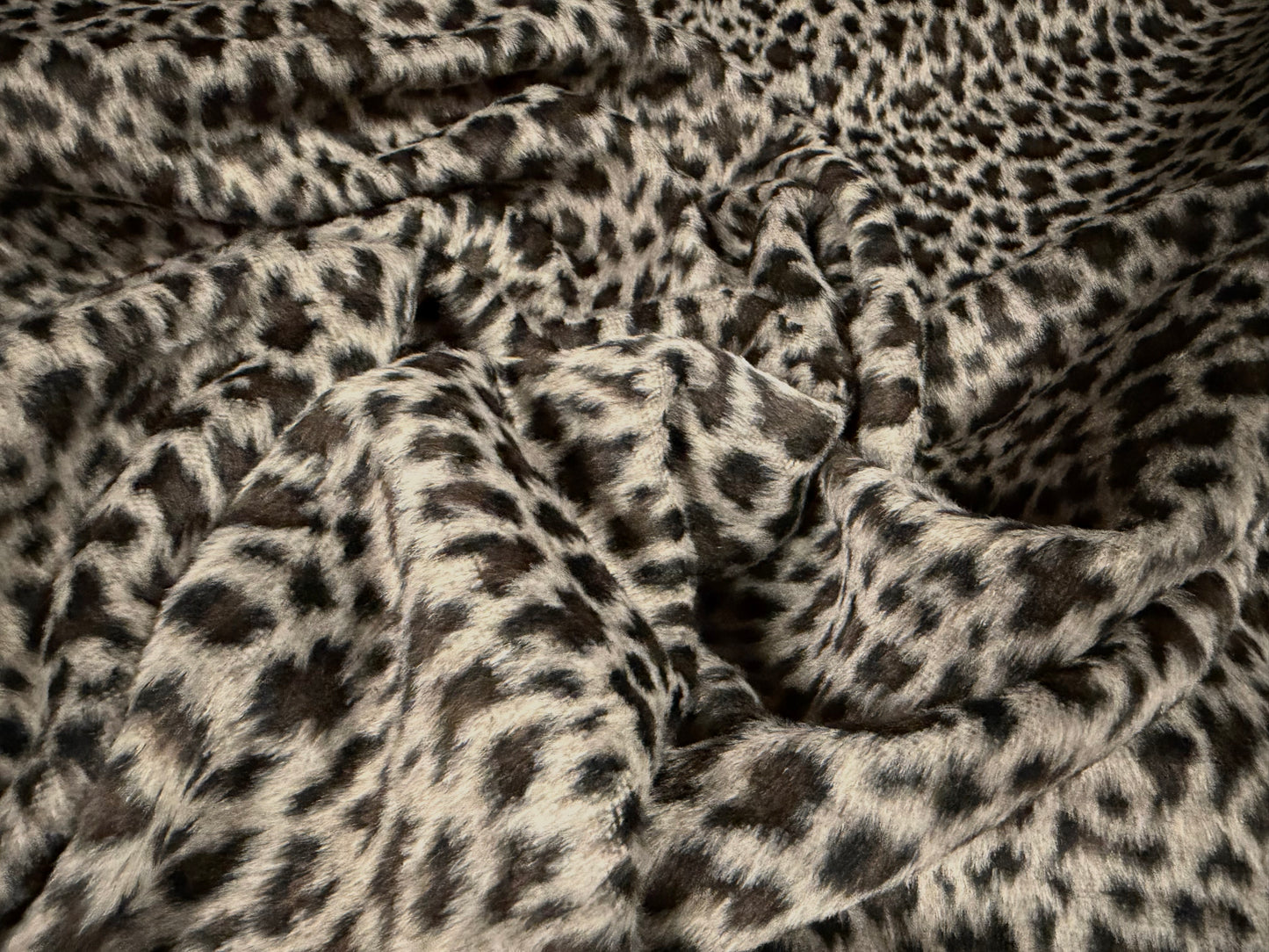 Wool faux fur fabric, per metre - leopard skin - grey & taupe