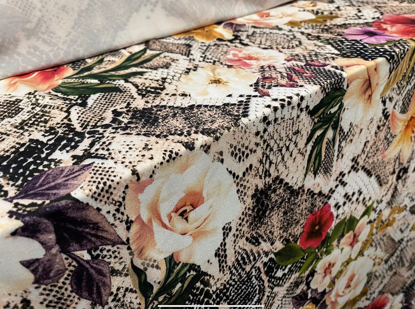 Soft touch stretch spandex single jersey fabric, per metre - roses on snakeskin print - multicolour