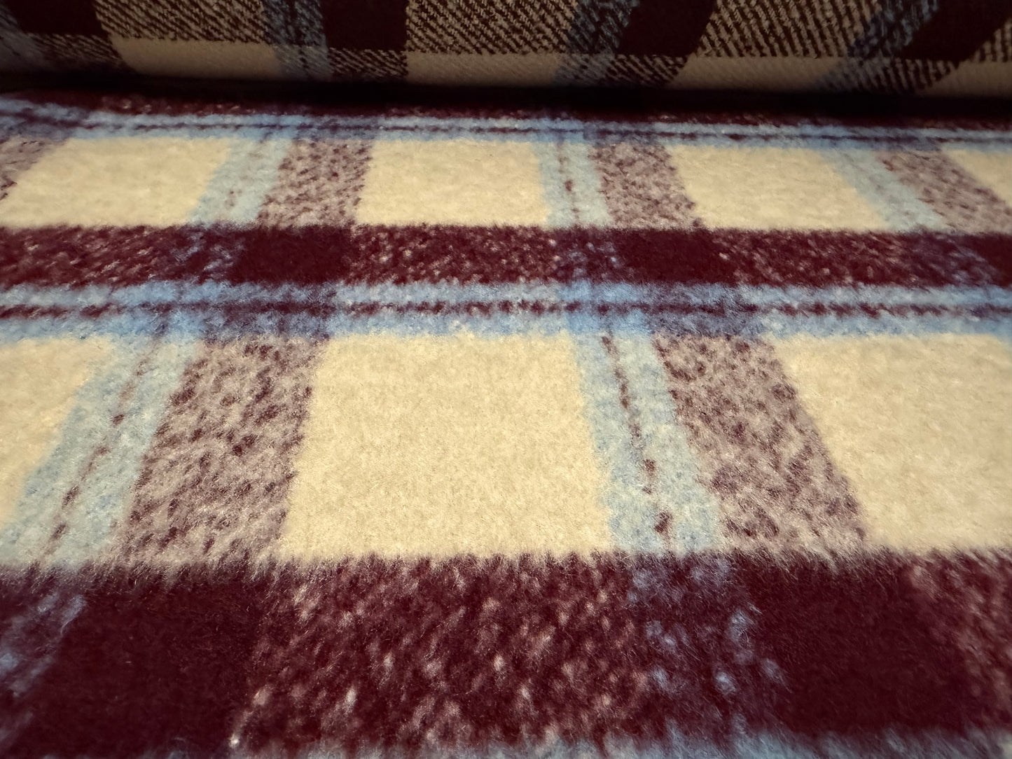 Wool faux fur fabric, per metre - check - burgundy stone & sky blue