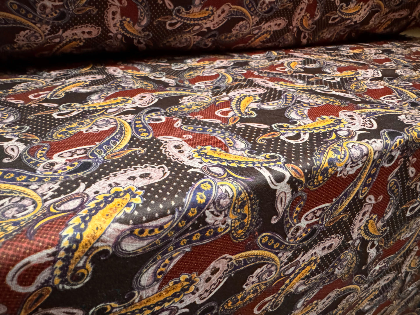 Scuba stretch spandex double jersey fabric, per metre - paisley print - brown & wine