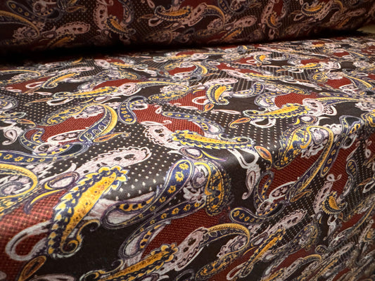 Scuba stretch spandex double jersey fabric, per metre - paisley print - brown & wine