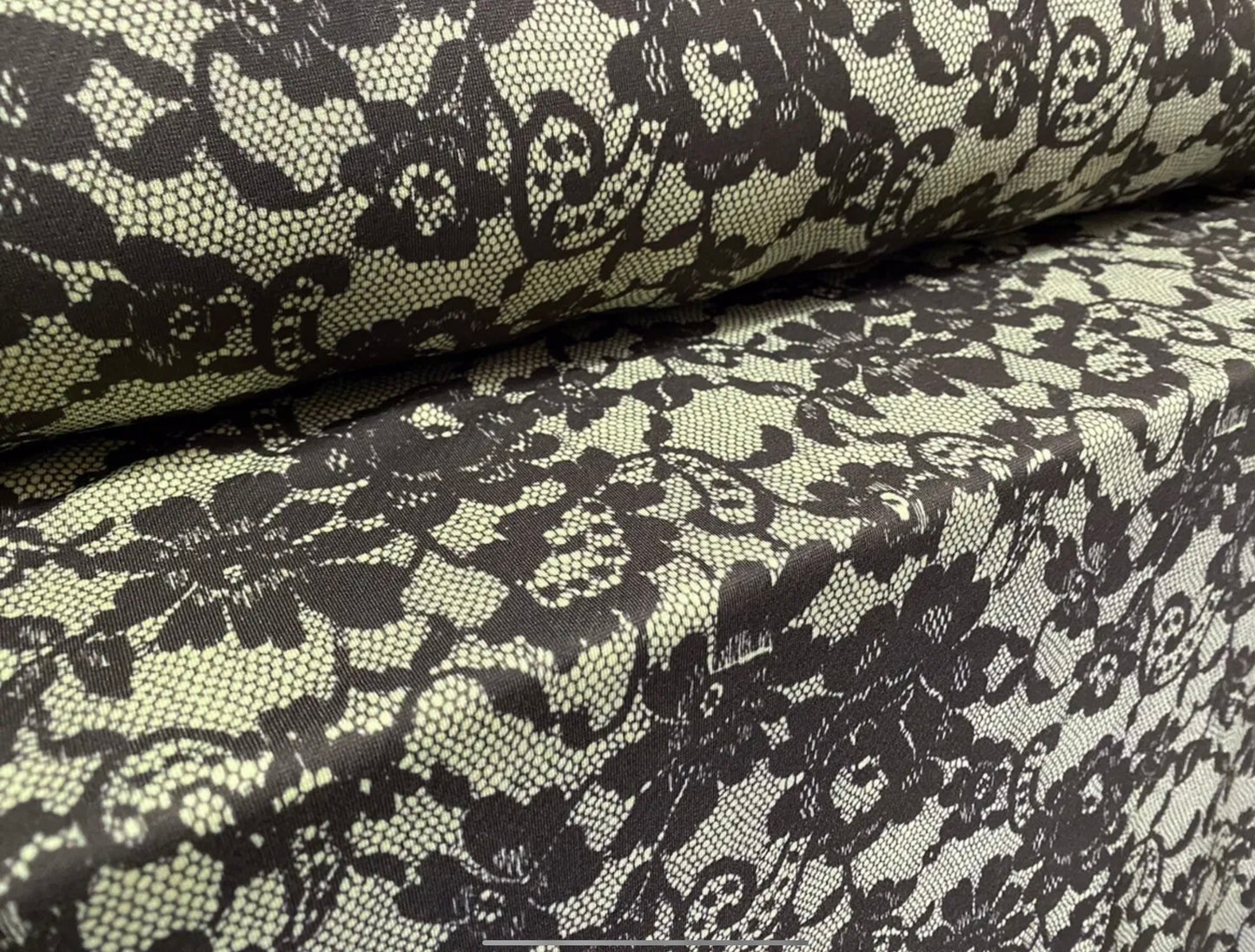 Textured Stretch spandex jersey fabric - per metre - lace print - lemon & black