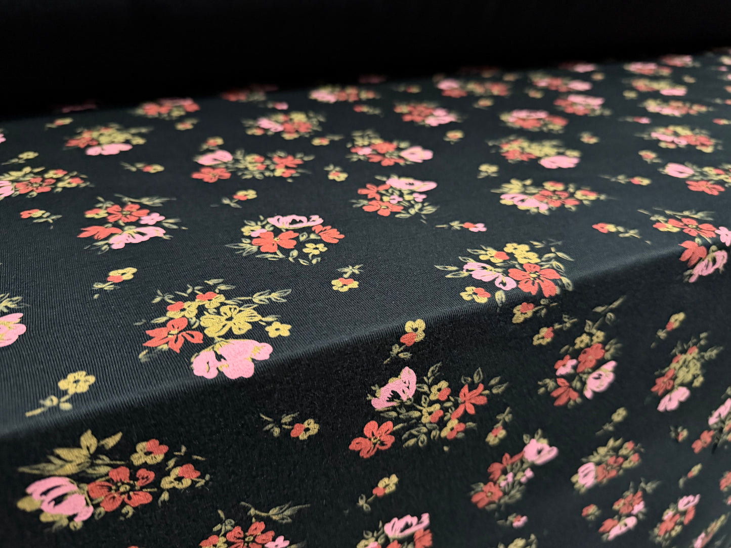 Viscose spandex stretch jersey fabric, per metre - floral print - black pink & coral