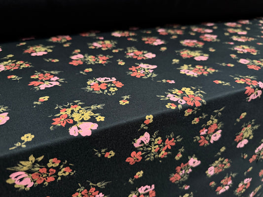 Viscose spandex stretch jersey fabric, per metre - floral print - black pink & coral