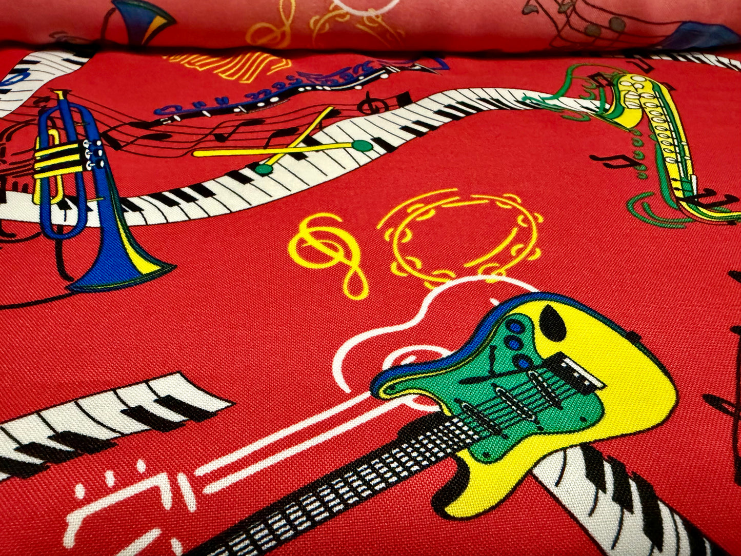 Panama woven fashion fabric, per metre - orchestra print - red