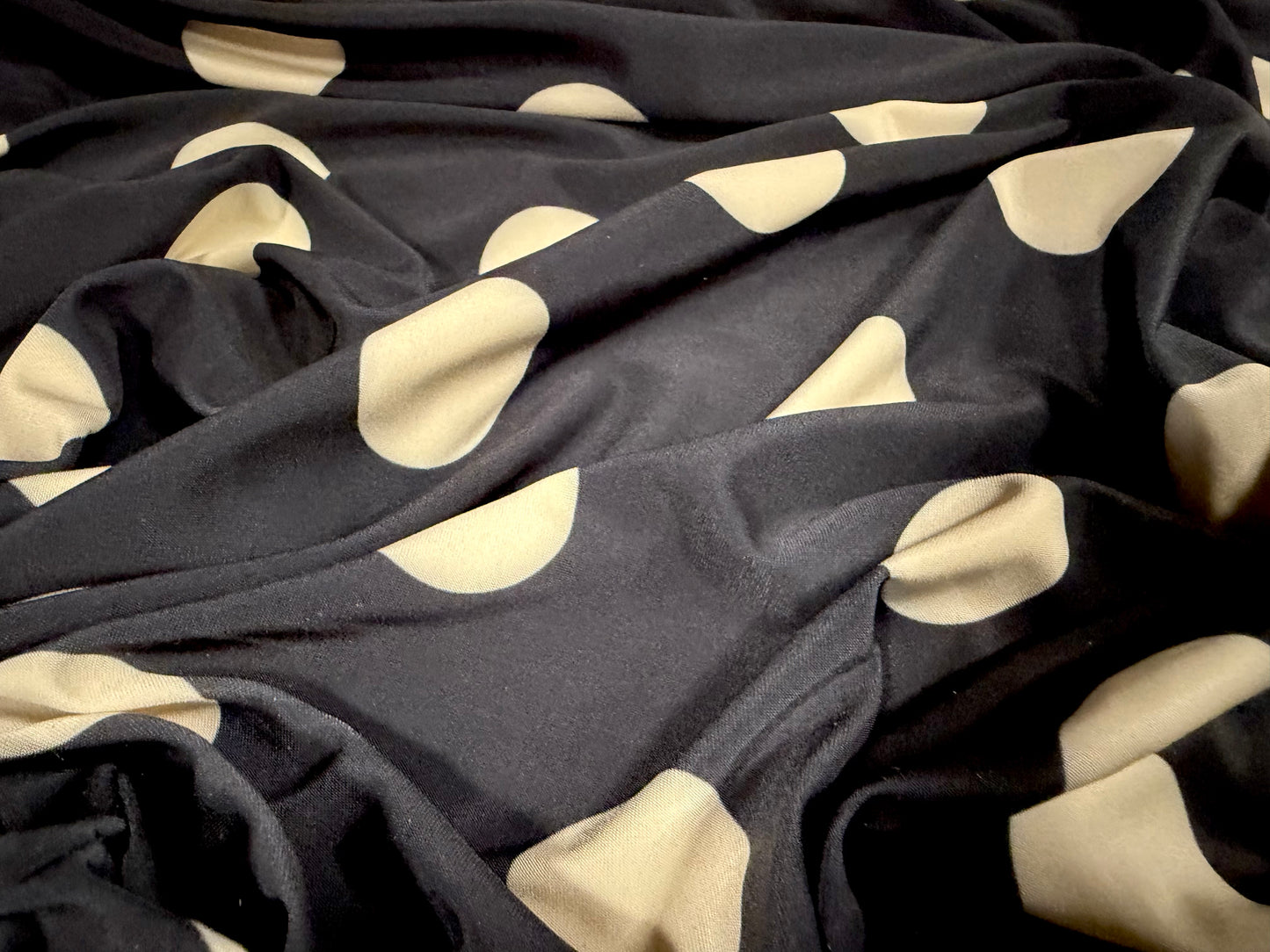Soft touch stretch spandex jersey fabric, per metre - polka dot print - dark navy & cream