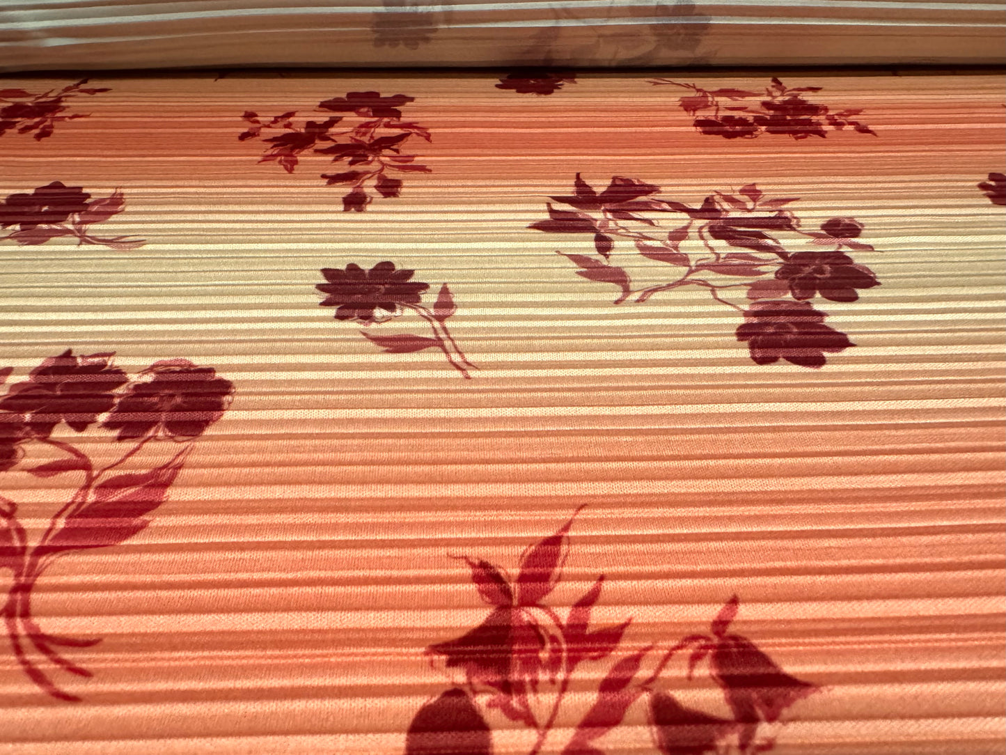 Stretch plissé pleated dress fabric, per metre - floral ombré print - burgundy & pink