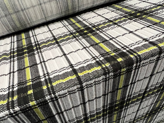 Stretch Spandex rib jersey fabric, per metre - check print - white charcoal & lime