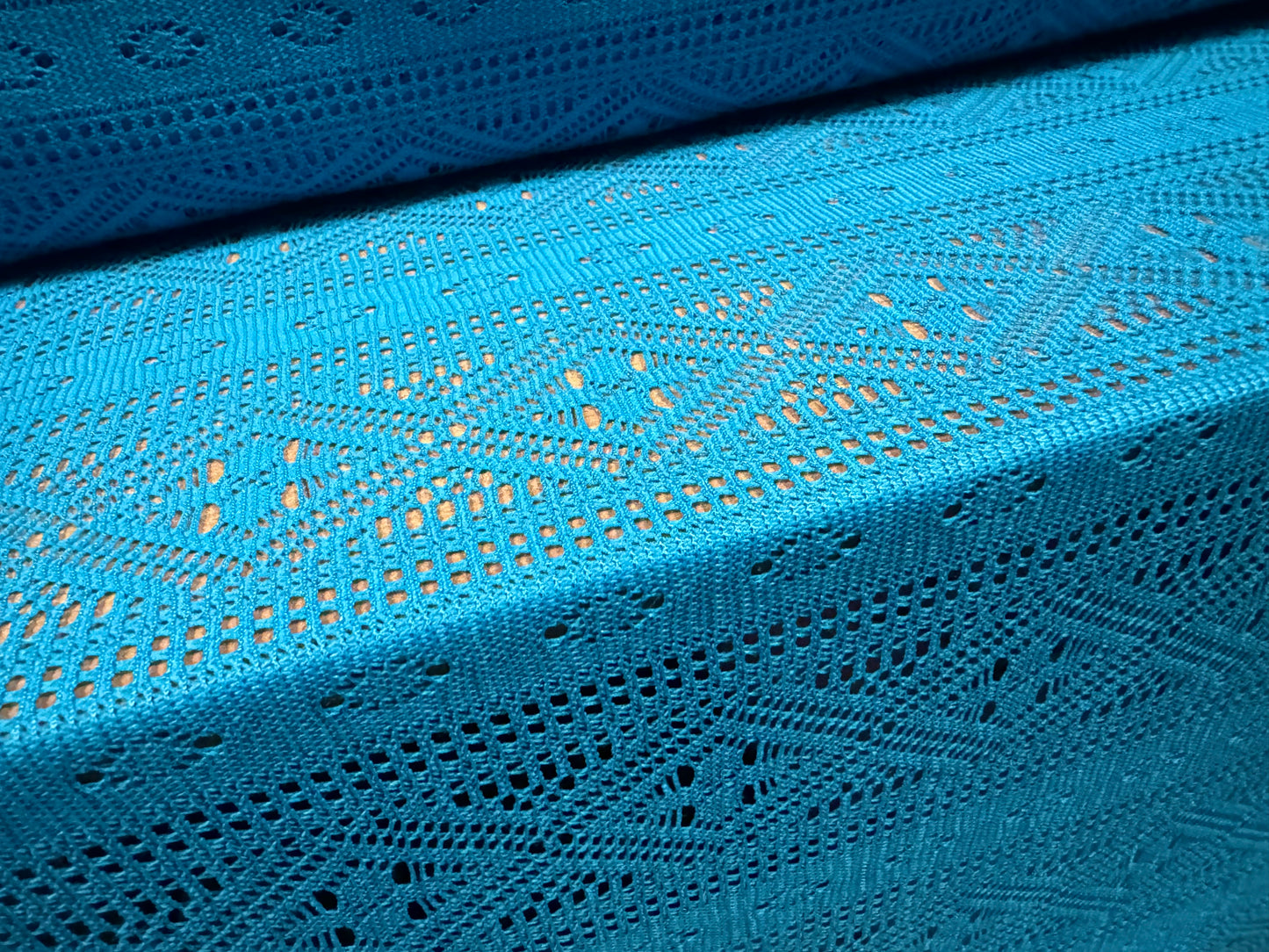 Crochet lace dress fabric, per metre - geometric stripe - turquoise blue