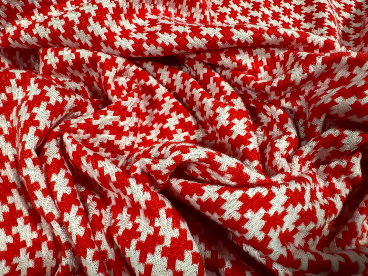 Soft stretch double jersey fabric, per metre - houndstooth jacquard - red & white