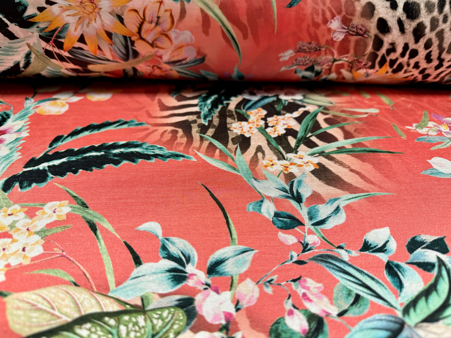 Disco stretch single jersey fabric, per metre - jungle flowers & animal print - coral