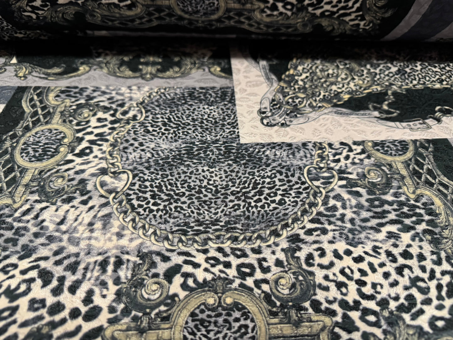 Stretch spandex jersey jacquard fabric, per metre - leopardskin & buckles print - dove grey