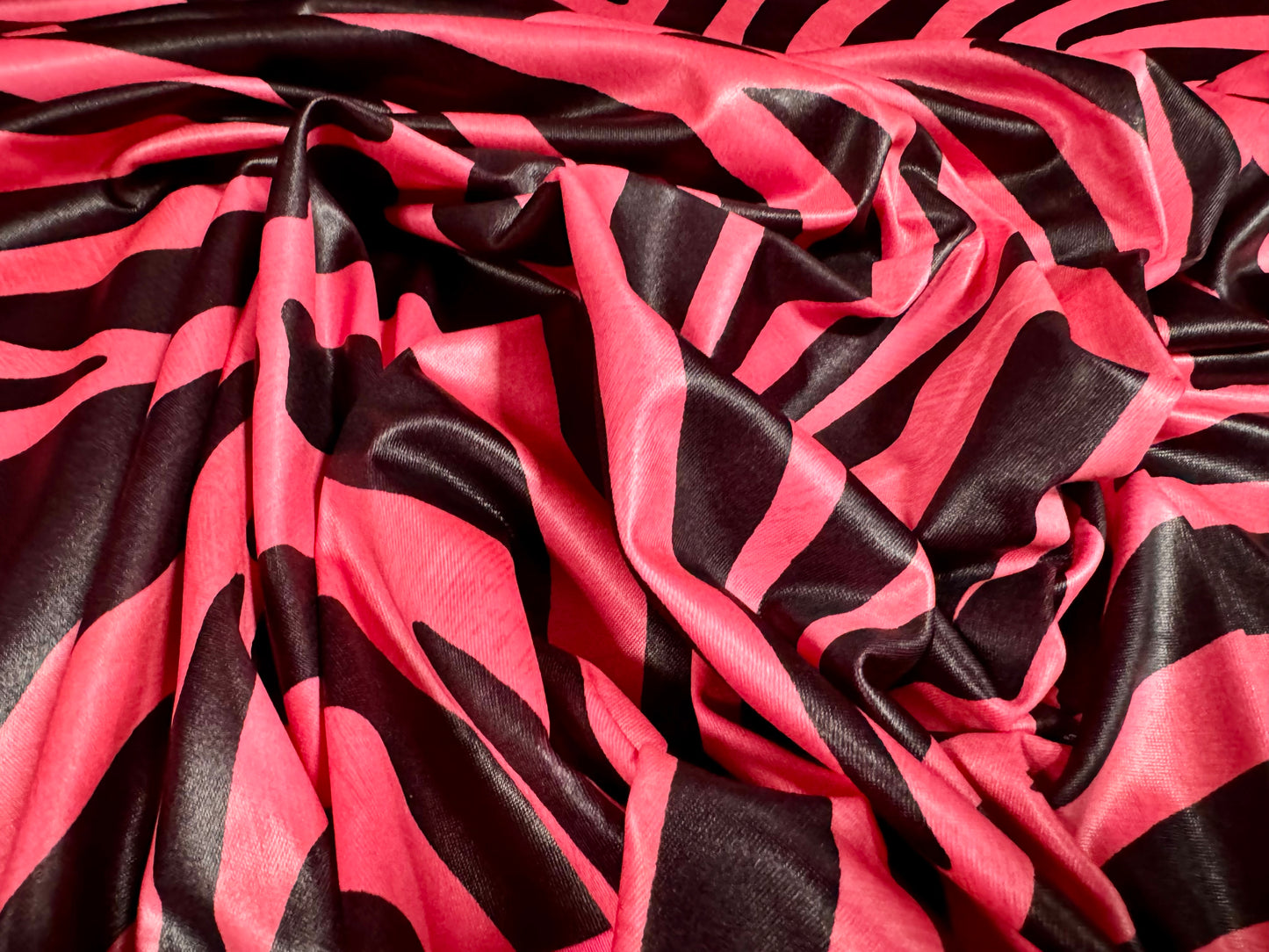 Ciré p.u. coated stretch single jersey fabric, per metre - zebra animal print - hot pink