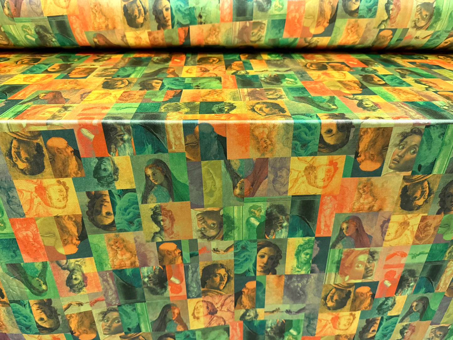Stretch spandex jersey fabric, per metre - Renaissance Portraits print - green & gold