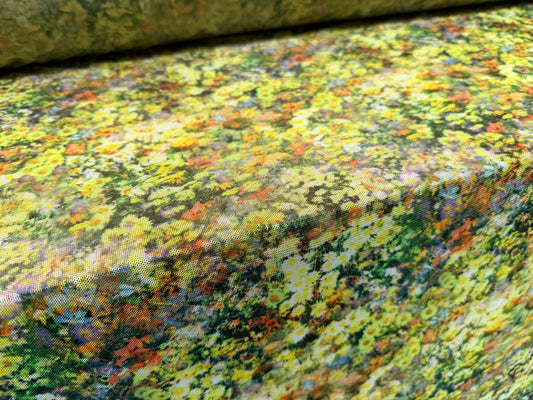 Power mesh net stretch spandex fabric, per metre - Spring Flower Garden print
