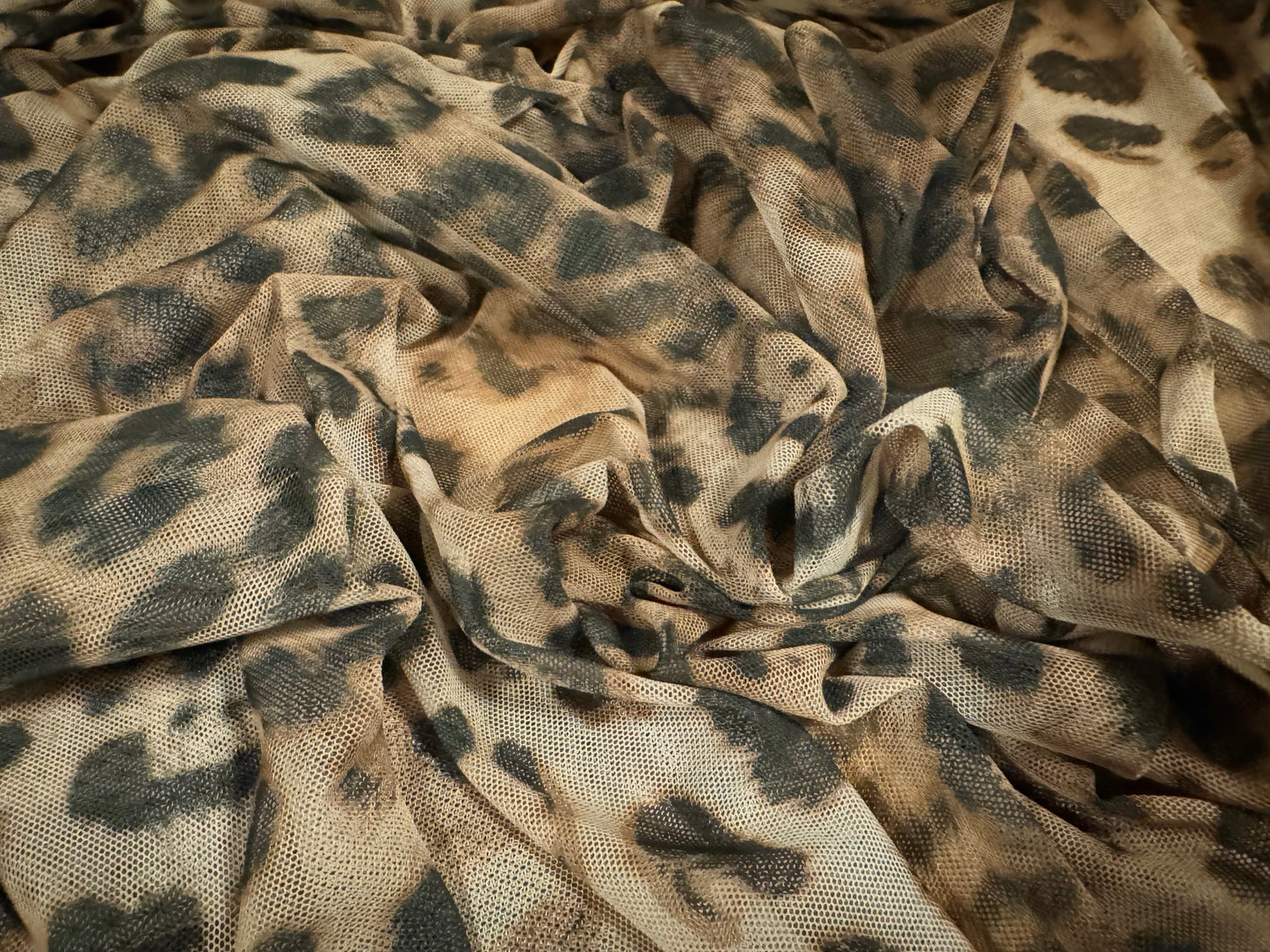 Power mesh net stretch spandex fabric, per metre - leopard animal print - stone & brown