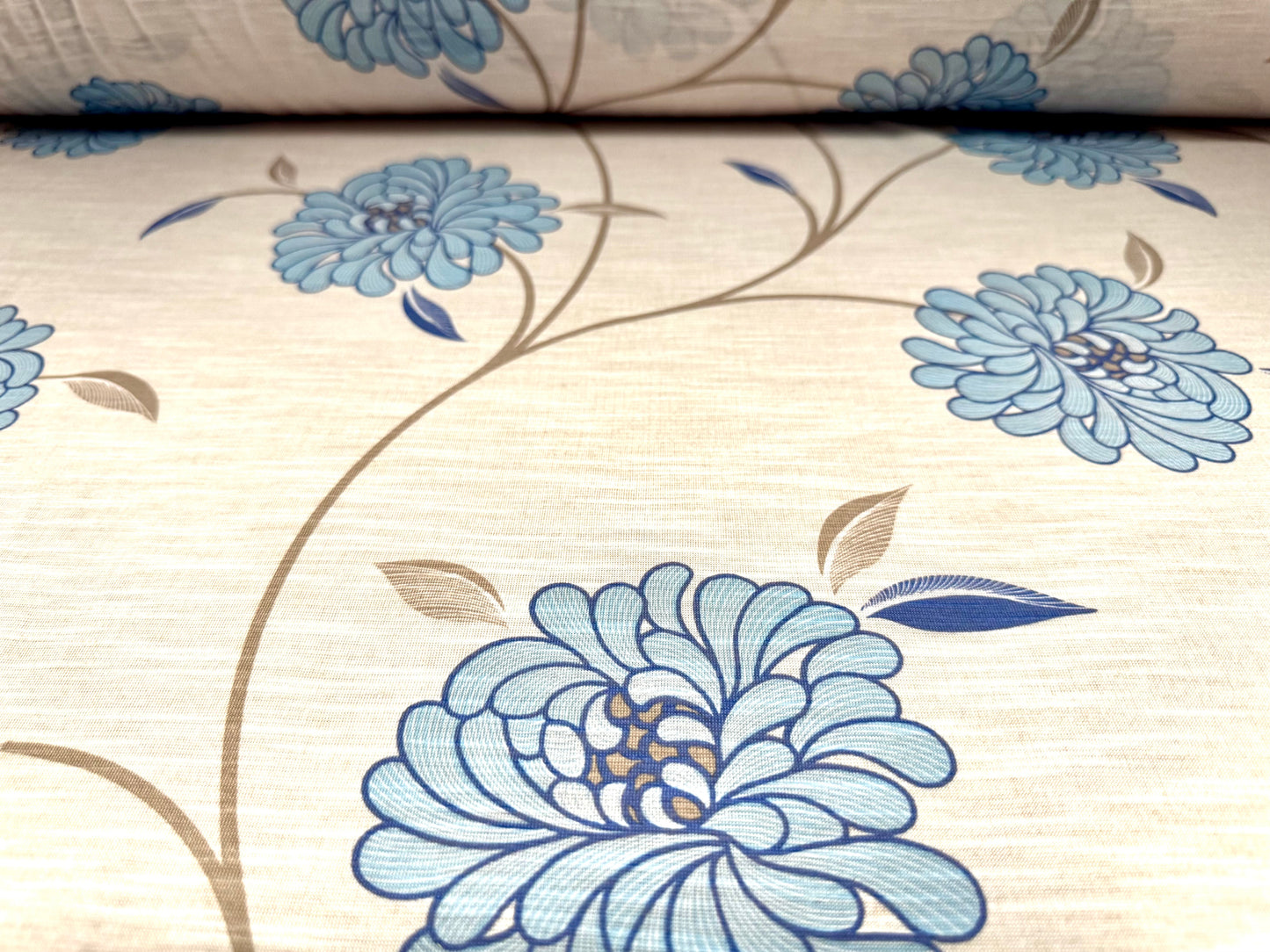 Soft handle slub single jersey fabric, per metre - flower print - cream & sky blue