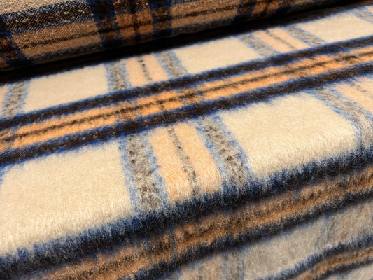 Wool blend short pile faux fur fabric, per metre - plaid check - cream & blue