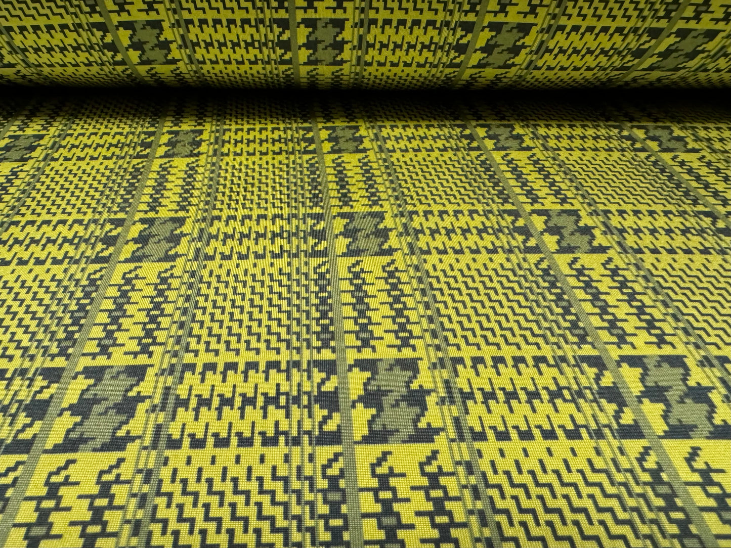 Soft touch stretch spandex single jersey fabric, per metre - houndstooth check print - lemon & blue-grey