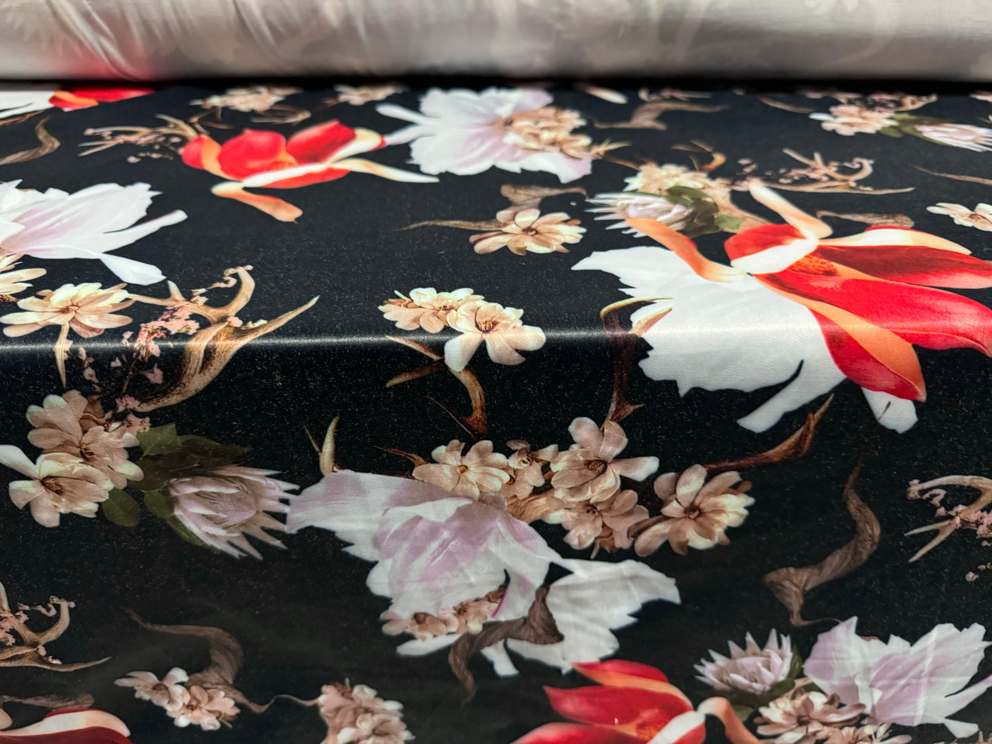 Stretch sateen woven fashion fabric, per metre - floral print - dark navy