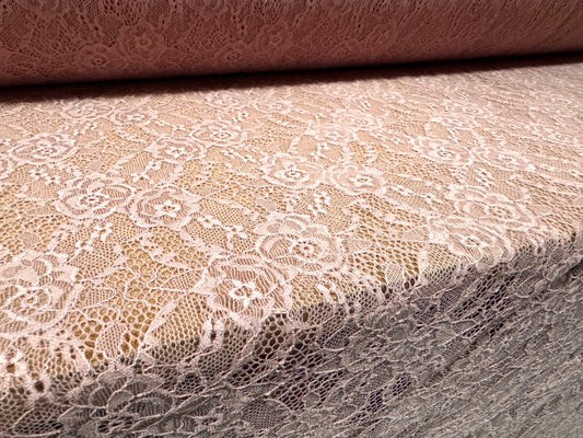 Stretch lace dress fabric, per metre - scalloped selvedge - floral - dusty rose pink