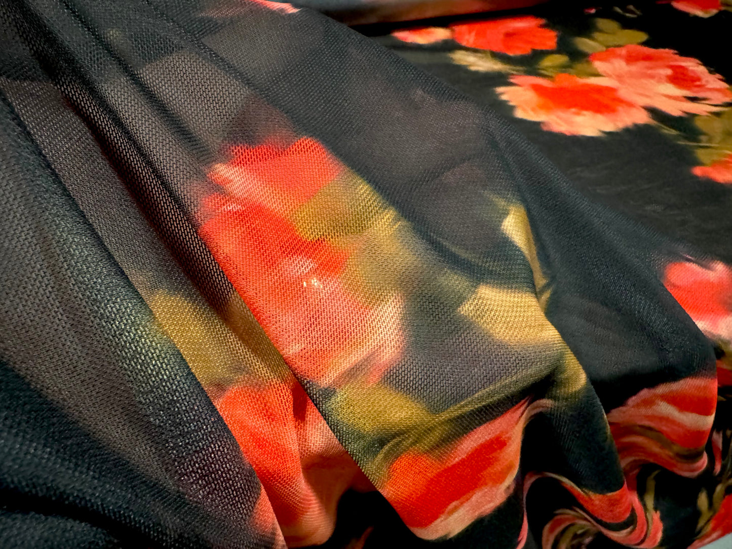 Power mesh net stretch spandex fabric, per metre - soft focus roses print - black & red