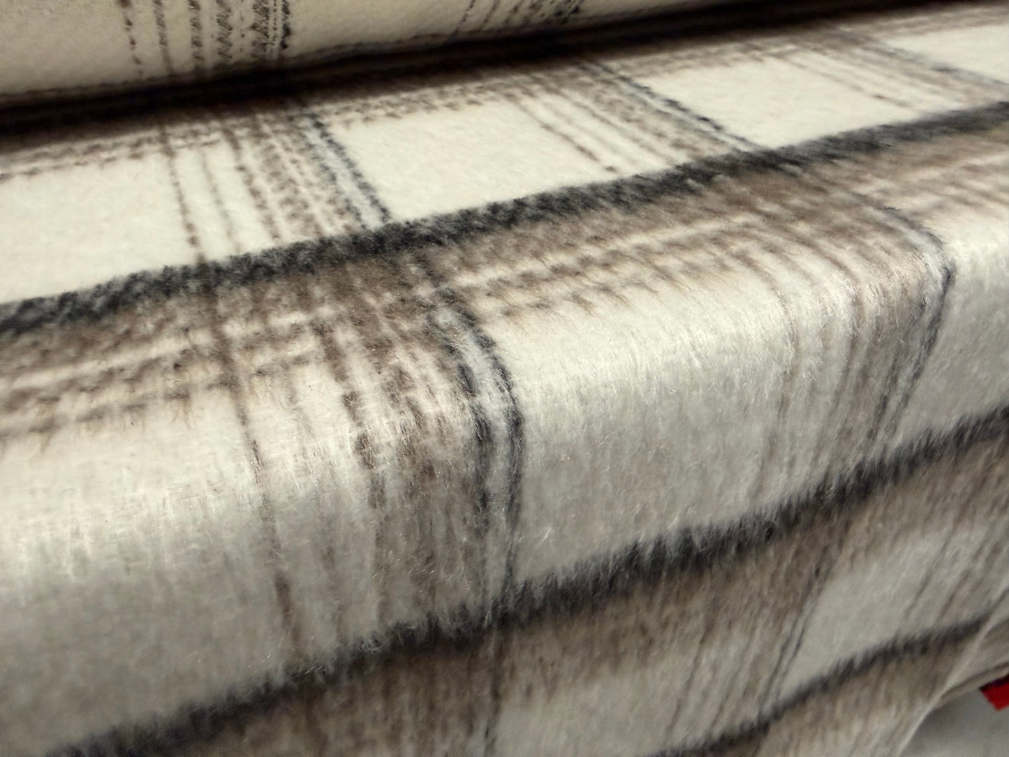 Wool faux fur fabric, per metre - distressed check - ivory & taupe