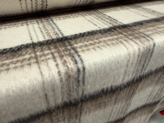 Wool faux fur fabric, per metre - distressed check - ivory & taupe