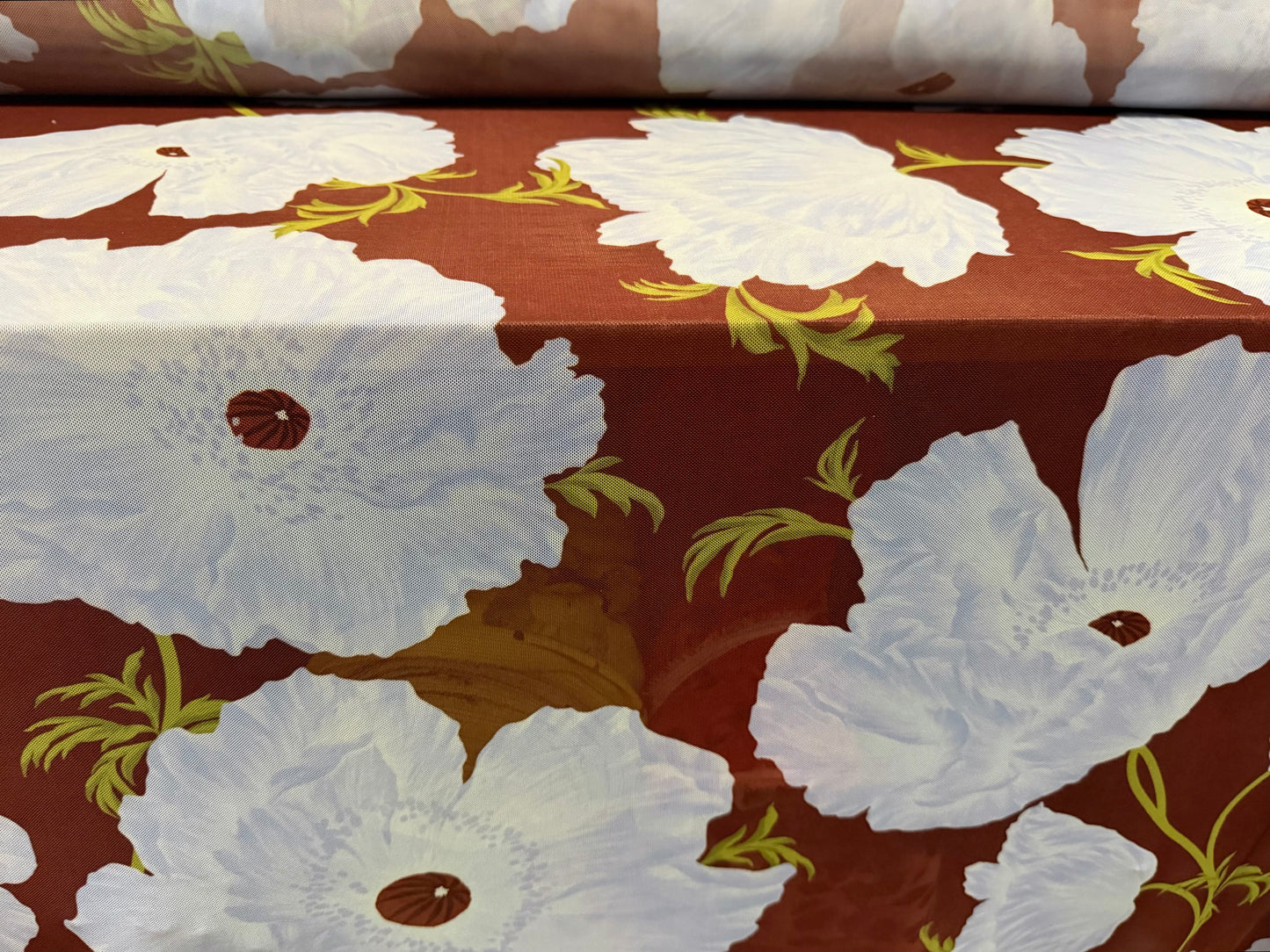 Power mesh net stretch spandex fabric, per metre - flower print - brown & sky blue