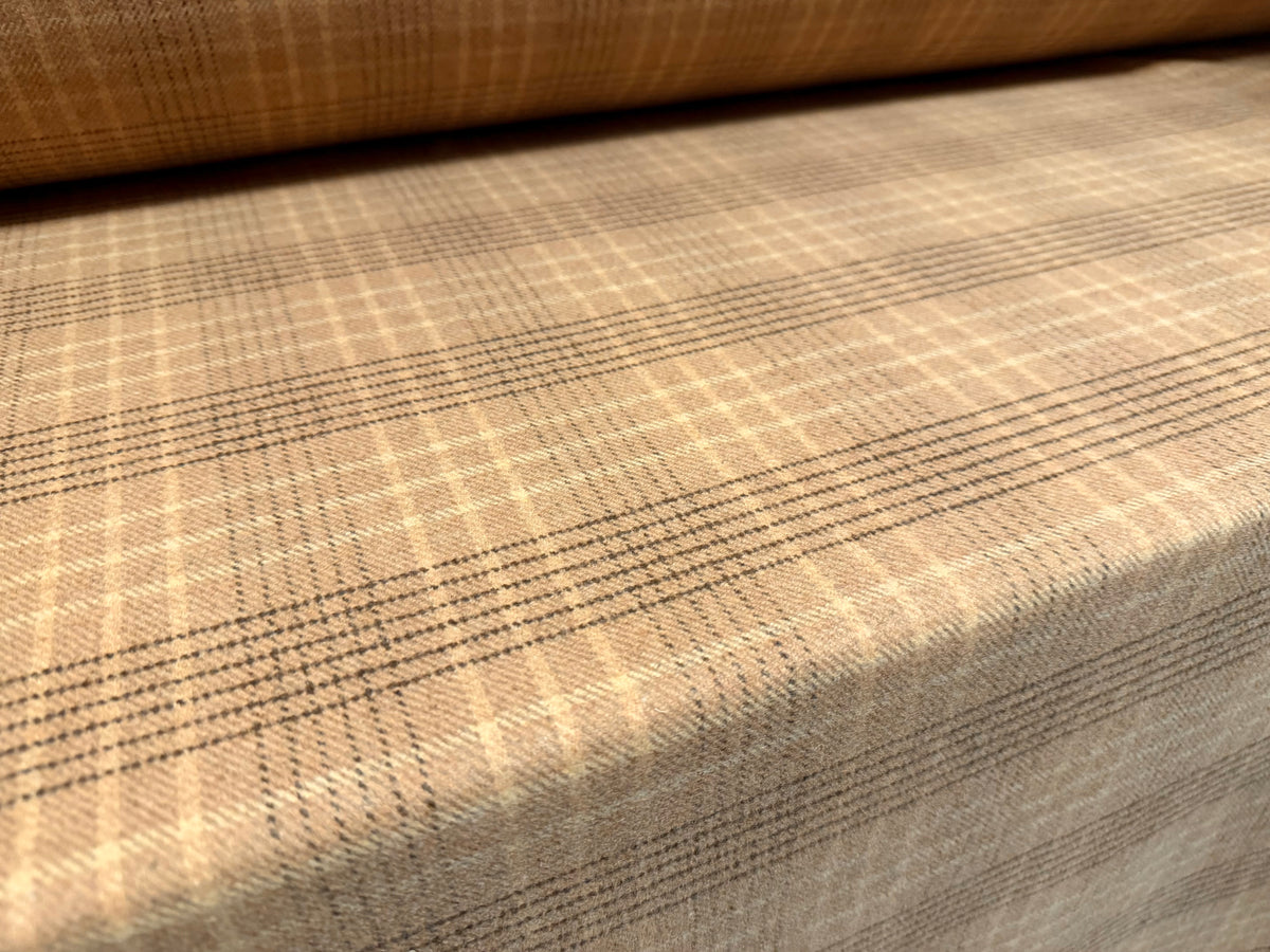 Wool flannel fabric, per metre - plaid check - light brown & beige