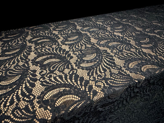Stretch spandex lace dress fabric with scalloped selvedge, per metre - paisley - black