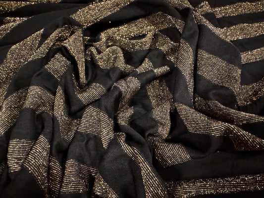 Metallic single jersey fashion fabric, per metre - lurex stripe - black & old gold