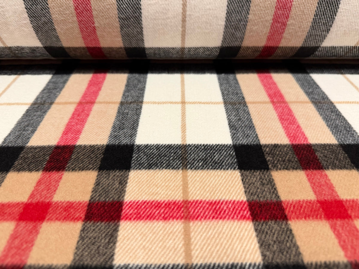 Wool flannel fabric, per metre - British plaid - light brown red & black