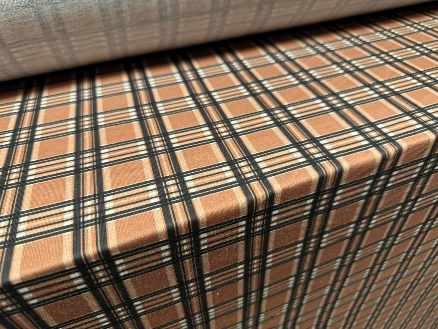 Soft handle stretch single jersey fashion fabric, per metre - tartan check print - hazelnut brown