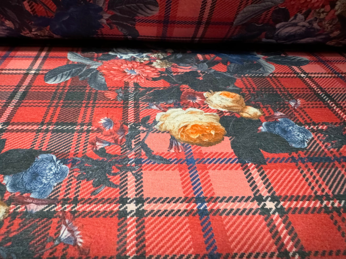 Soft handle stretch single jersey fashion fabric, per metre - roses on tartan print - red & blue