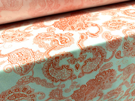 Pique textured jersey fabric, per metre - paisley print - orange & white