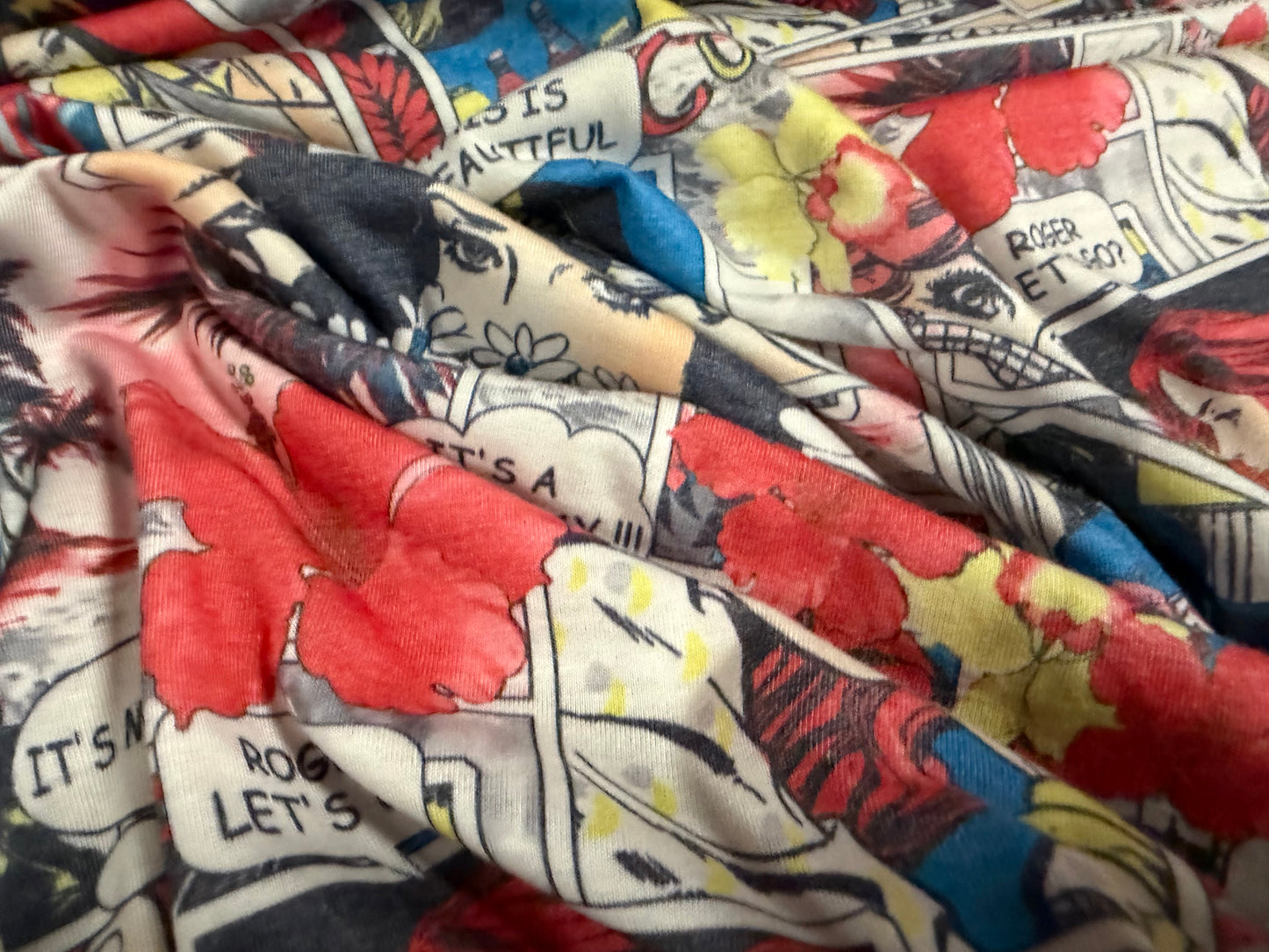 Soft handle single jersey fabric, per metre - comic strip print - multicolour