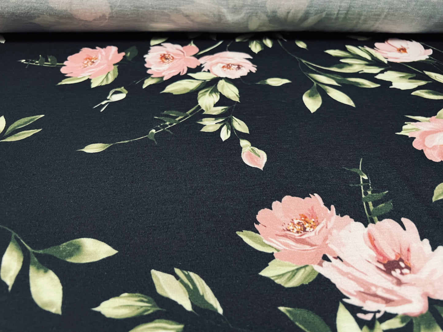 Soft handle single jersey fabric, per metre - rose flower print - black & pink