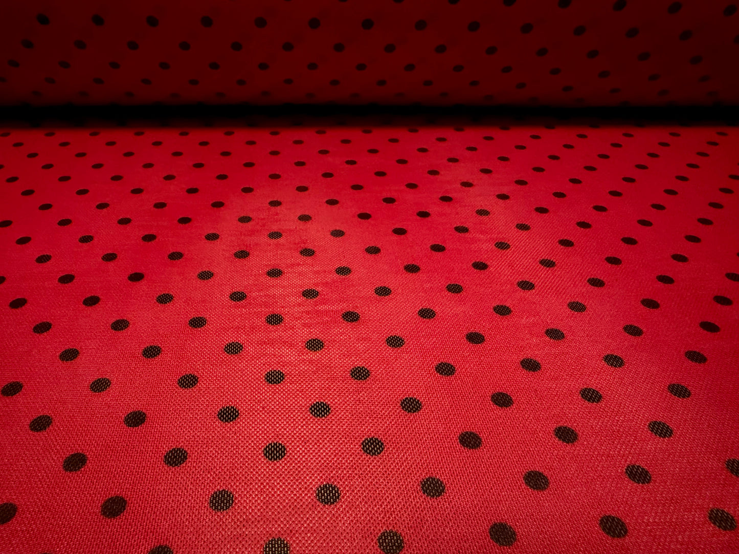 Power mesh net stretch spandex fabric, per metre - ladybird spot print - red & black