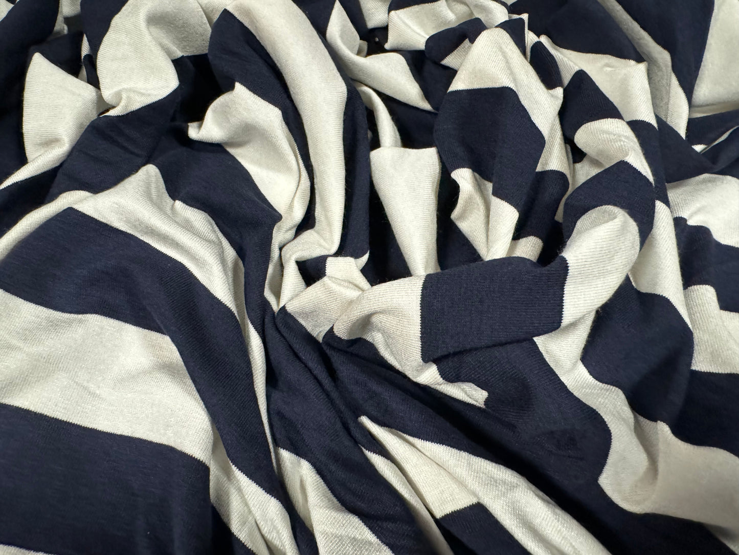 Viscose spandex stretch single jersey fabric, per metre - stripe - dark navy blue & ivory