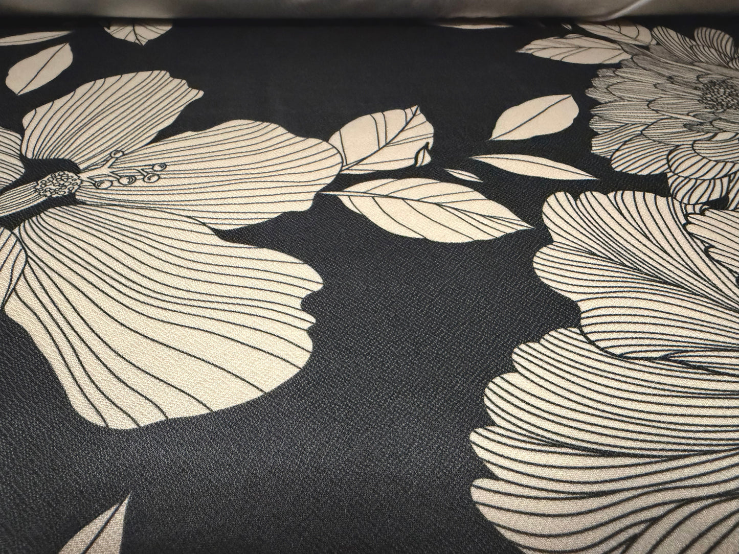 Valentino crepe stretch spandex jersey fabric, per metre - line art floral print - charcoal & ecru