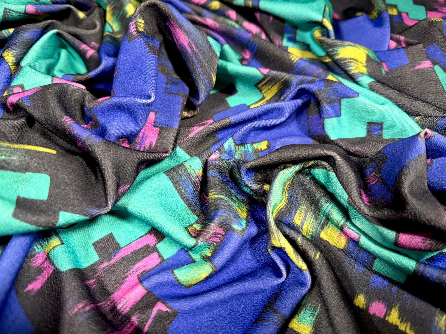Stretch spandex crepe single jersey dress fabric, per metre - jigsaw block print - jade & blue