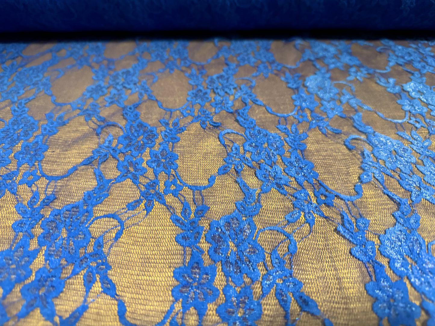 Stretch spandex mesh lace net fabric, per metre - floral pattern - blue