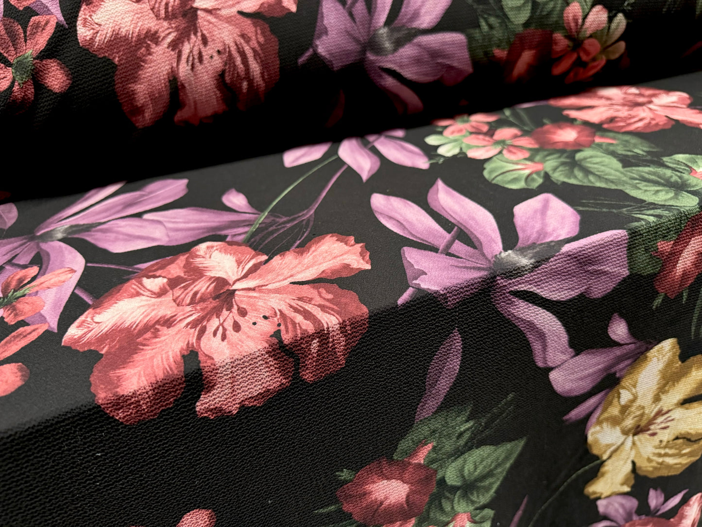 Bubble crepe stretch woven dress fabric, per metre - lilies floral print - black violet & beige