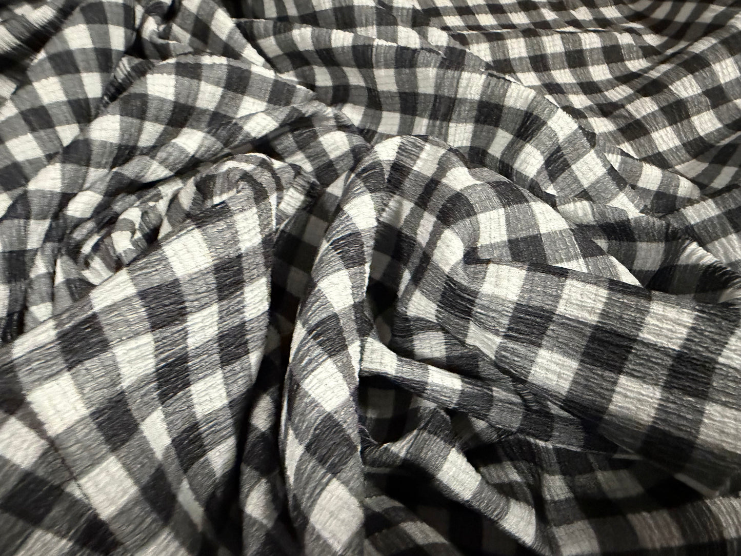 Crinkle crepe stretch woven fabric, per metre - gingham print - charcoal grey & white