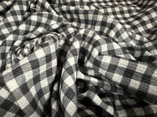 Crinkle crepe stretch woven fabric, per metre - gingham print - charcoal grey & white