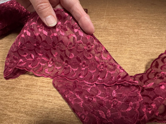 Broderie Anglais chiffon edging trim fabric with scalloped selvedges, per metre - burgundy