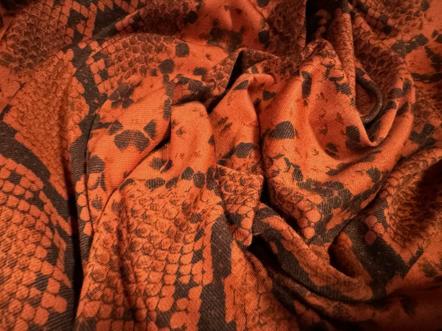 Ponte Roma double jersey knit stretch fabric, per metre - snakeskin animal print - burnt orange